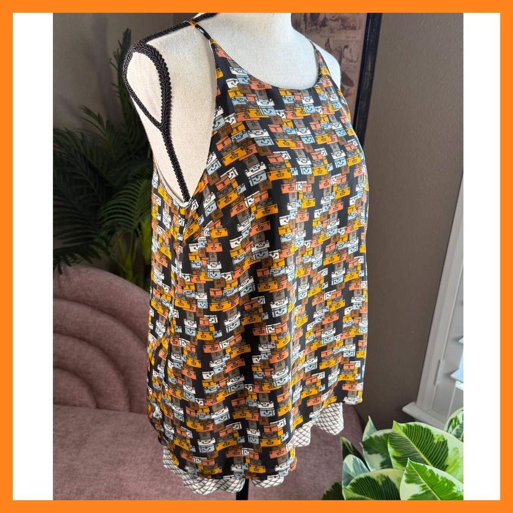 Porridge Tank Top Suitcase Print Sleeveless Black Orange Travel Vacation Size S - Picture 4 of 14
